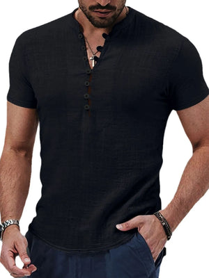 Black linen henley polo shirt with button placket and short sleeves