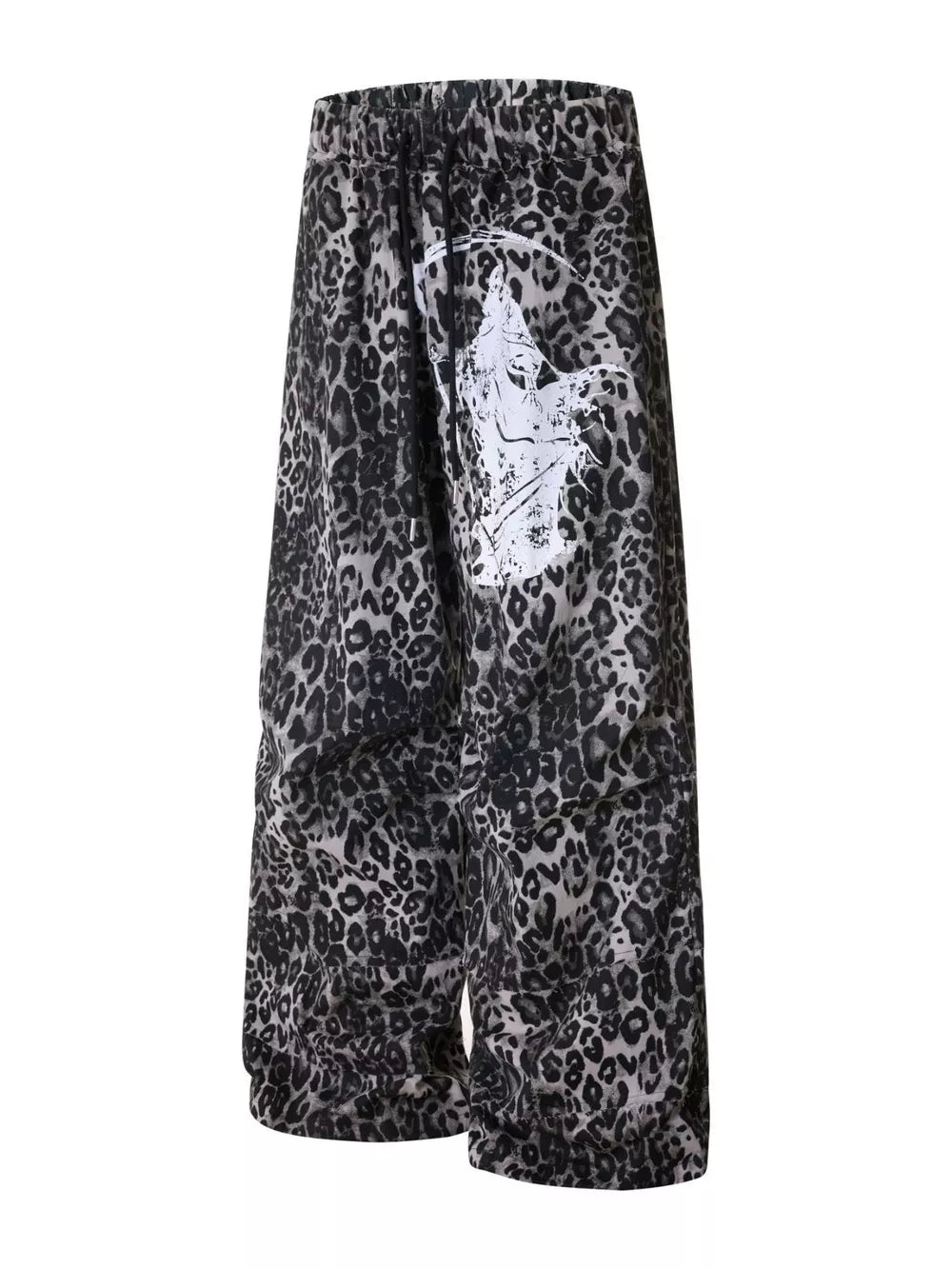 Leopard print cotton sweatpants with drawstring waist and wide leg, featuring a graphic print detail.