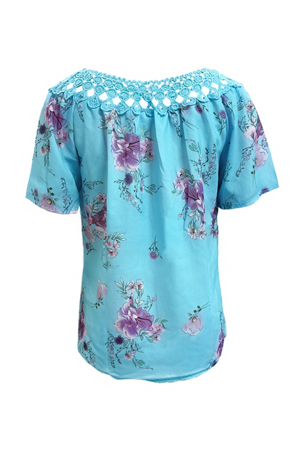 Blue floral blouse with lace yoke and short sleeves