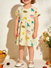 Toddler yellow cotton short sleeve dinosaur print dress with rainbow accents.
