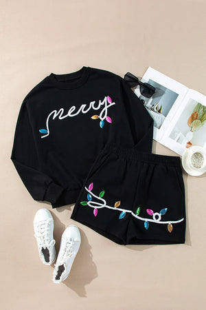 Black loungewear set with Merry text and Christmas lights embroidery.
