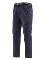 Men's dark blue sweatpants with zippered pockets and a belt.