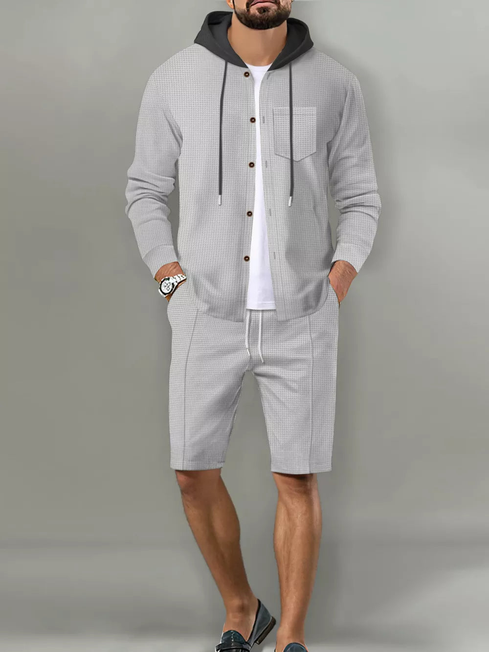 Men's Casual Hooded Button-up Shirt And Shorts Set, alternate angle