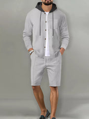 Men's Casual Hooded Button-up Shirt And Shorts Set, alternate angle