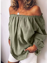 Army green off-the-shoulder shirt with gathered neckline and frill detail.