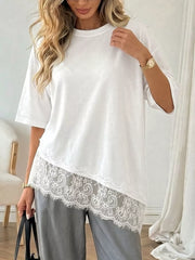 White tee with lace hem and half sleeves.