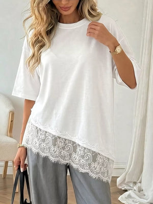 White tee with lace hem and half sleeves.