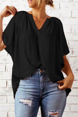 Black relaxed V-neck blouse with cap sleeves and gathered neckline detail