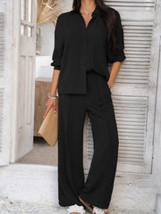 Black textured resort shirt and wide leg pants loungewear set