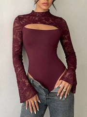 Intricate Lace Cut-out Bodysuit With Flare Sleeves