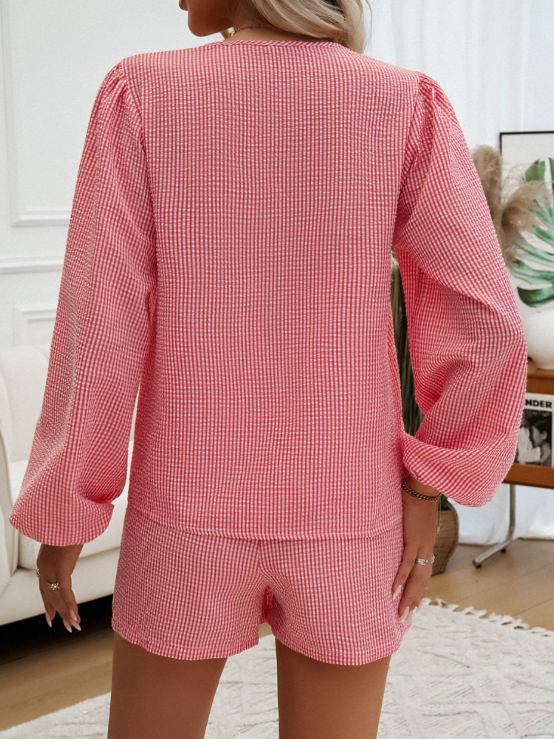 Strawberry gingham tie-front blouse with puff sleeves and matching shorts set