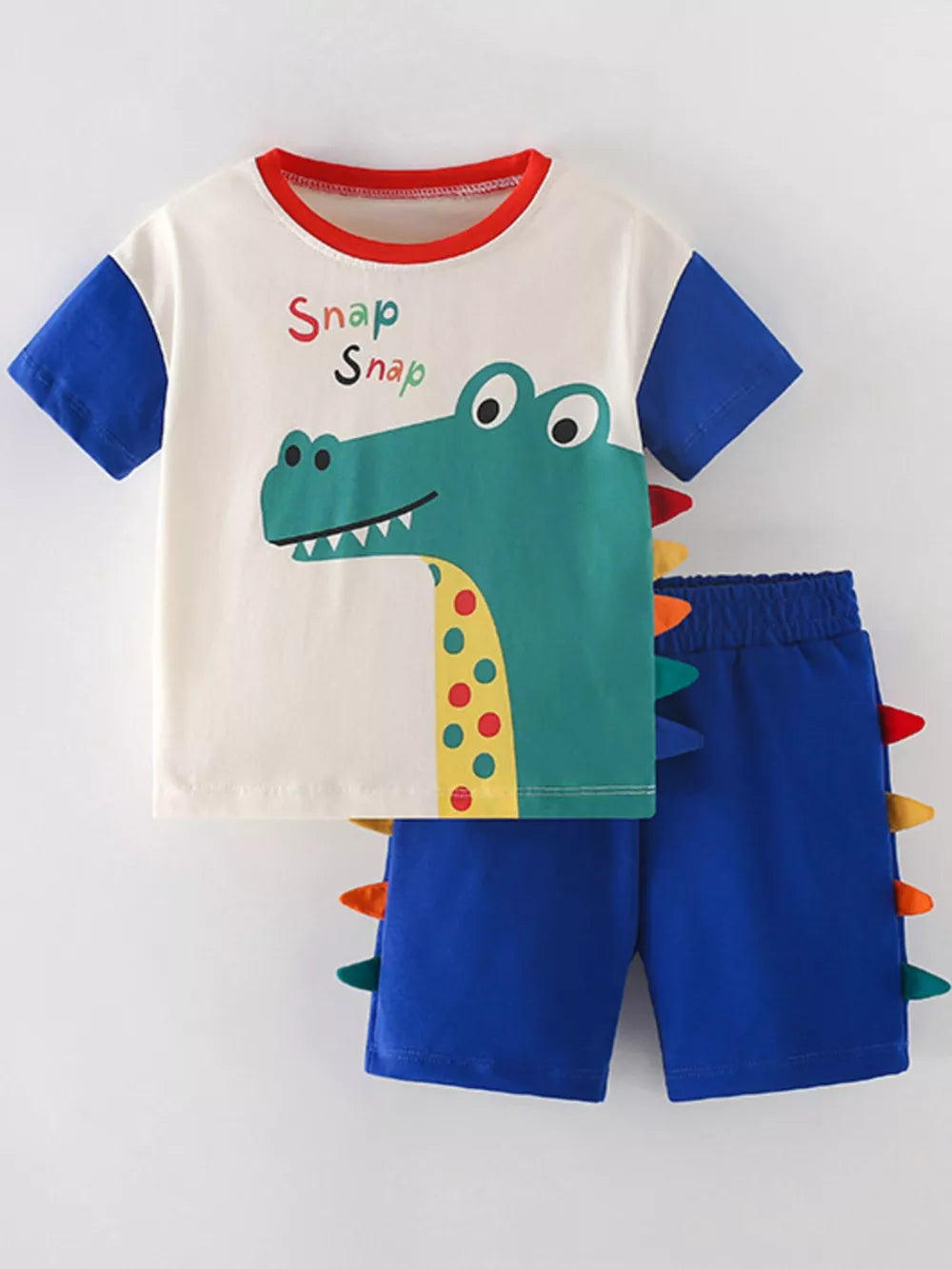 Toddler dinosaur applique t-shirt and shorts set with colorful spikes.