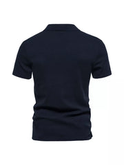 Men's dark navy blue short sleeve polo shirt with notched collar