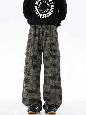 Urban camouflage cargo sweatpants with drawstring waist and multiple pockets.