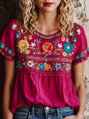 Plus Size Embroidered Floral Short Sleeve Top in Deep Rose, front view