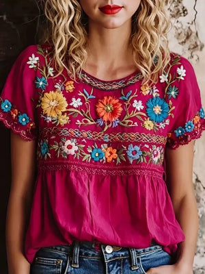 Plus Size Embroidered Floral Short Sleeve Top in Deep Rose, front view