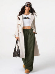 Effortless wide-leg corduroy maternity pants in army green with drawstring waist.