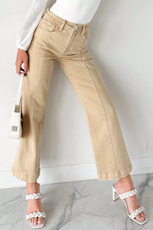 High-waisted cropped wide-leg jeans in tan denim with front seam detail.