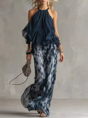 Ruffled Halter Neck And Tie-dye Pants Set