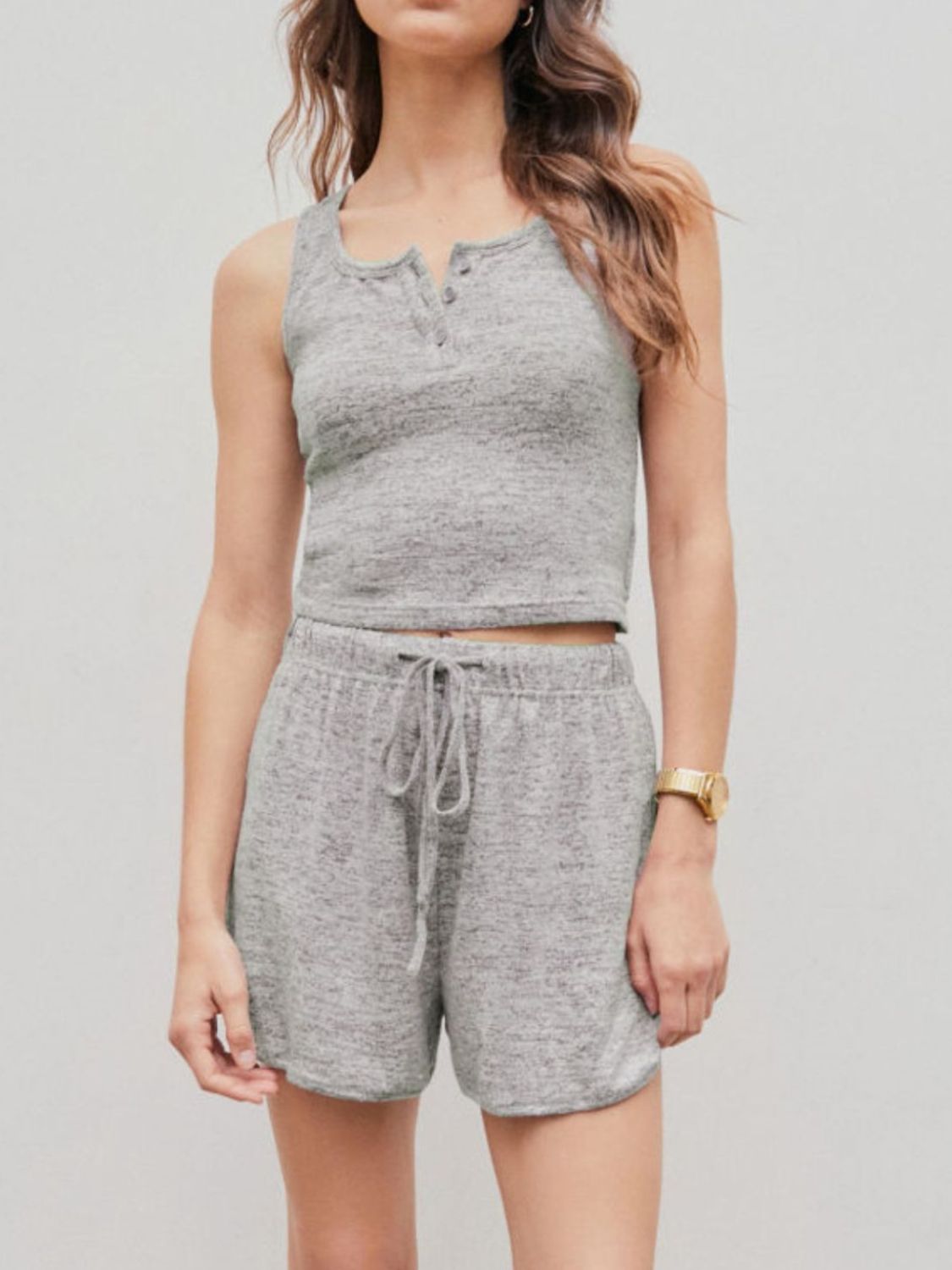 Gray ribbed knit henley tank and drawstring lounge shorts set