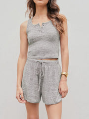 Gray ribbed knit henley tank and drawstring lounge shorts set