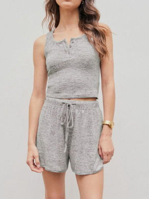 Gray ribbed knit henley tank and drawstring lounge shorts set