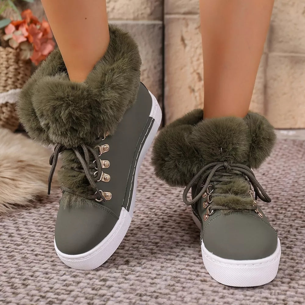 Army green fluffy cuff round-toe platform boots with white soles and lace-up closure.