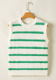 White ribbed knit vest with green horizontal stripes and crew neck.