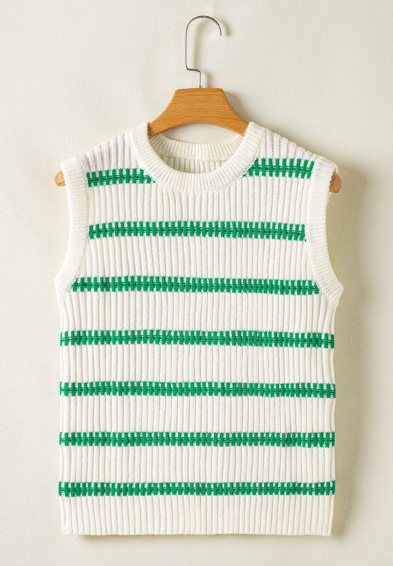 White ribbed knit vest with green horizontal stripes and crew neck.