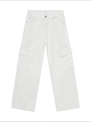 White oversized denim cargo pants with large side pockets.