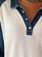 Contrast Denim Waffle Knit Long Sleeve Blouse in White, side view