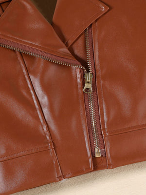 Brown faux leather jacket detail with asymmetrical zipper and collar