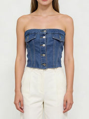 Blue denim strapless button-front top with flap pockets and raw hem