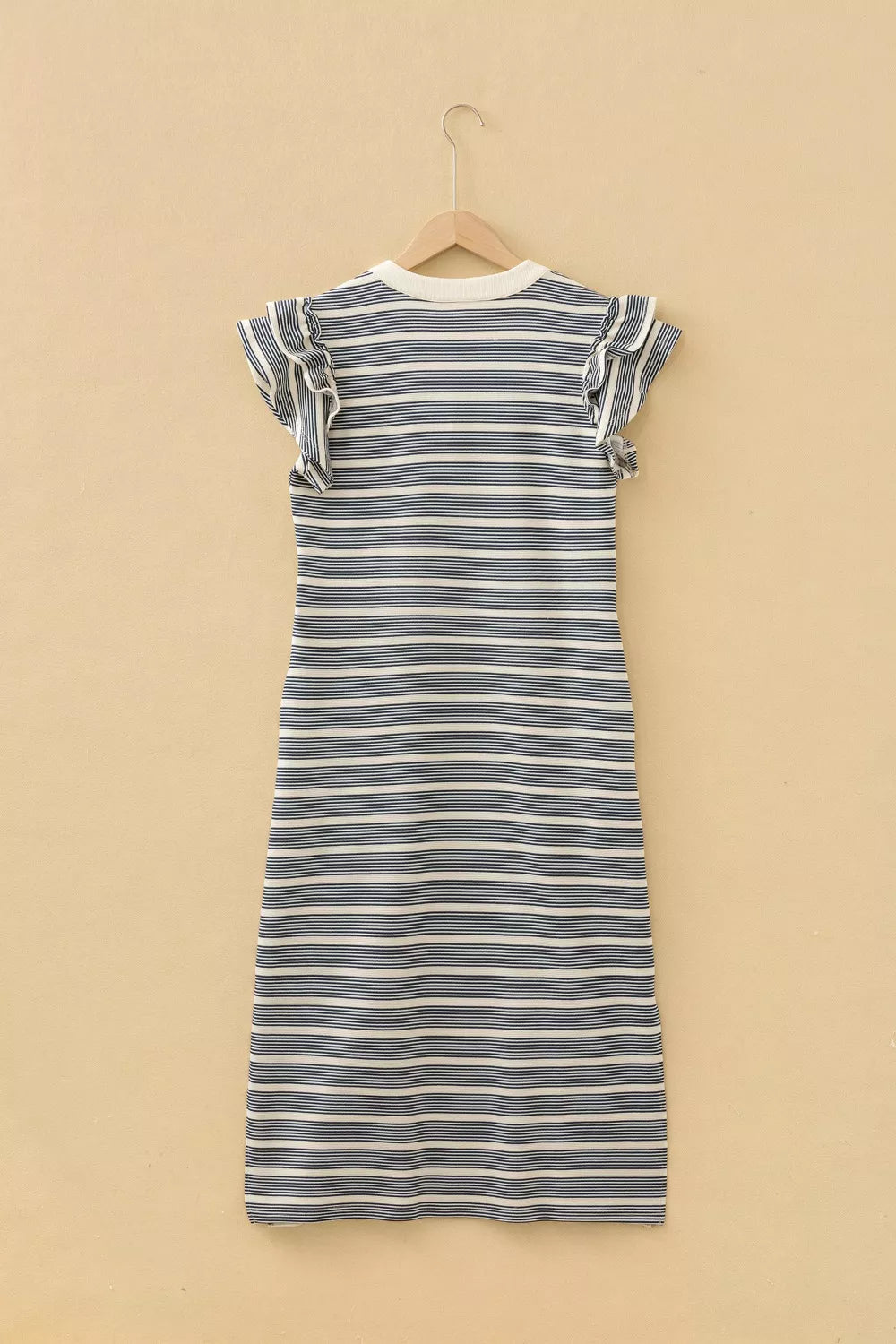Navy stripe midi dress with ruffled short sleeves and button detail.