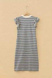 Navy stripe midi dress with ruffled short sleeves and button detail.