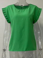 Green cap-sleeve blouse with pleated sleeve detail
