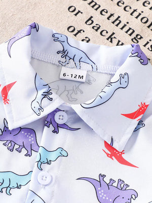 Toddler cotton shirt with blue, purple, and red dinosaur print.