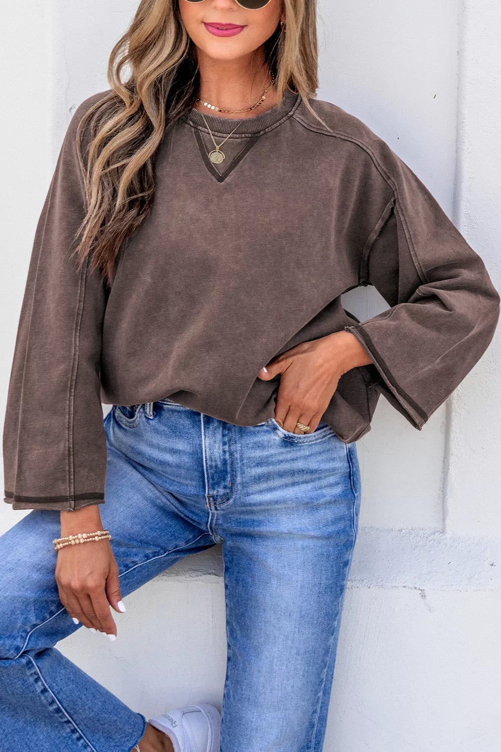3/4 Sleeve Mineral Wash Cotton Top, front view