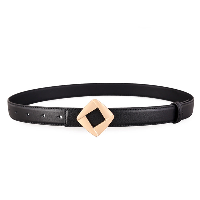 Black leather belt with a gold geometric buckle.