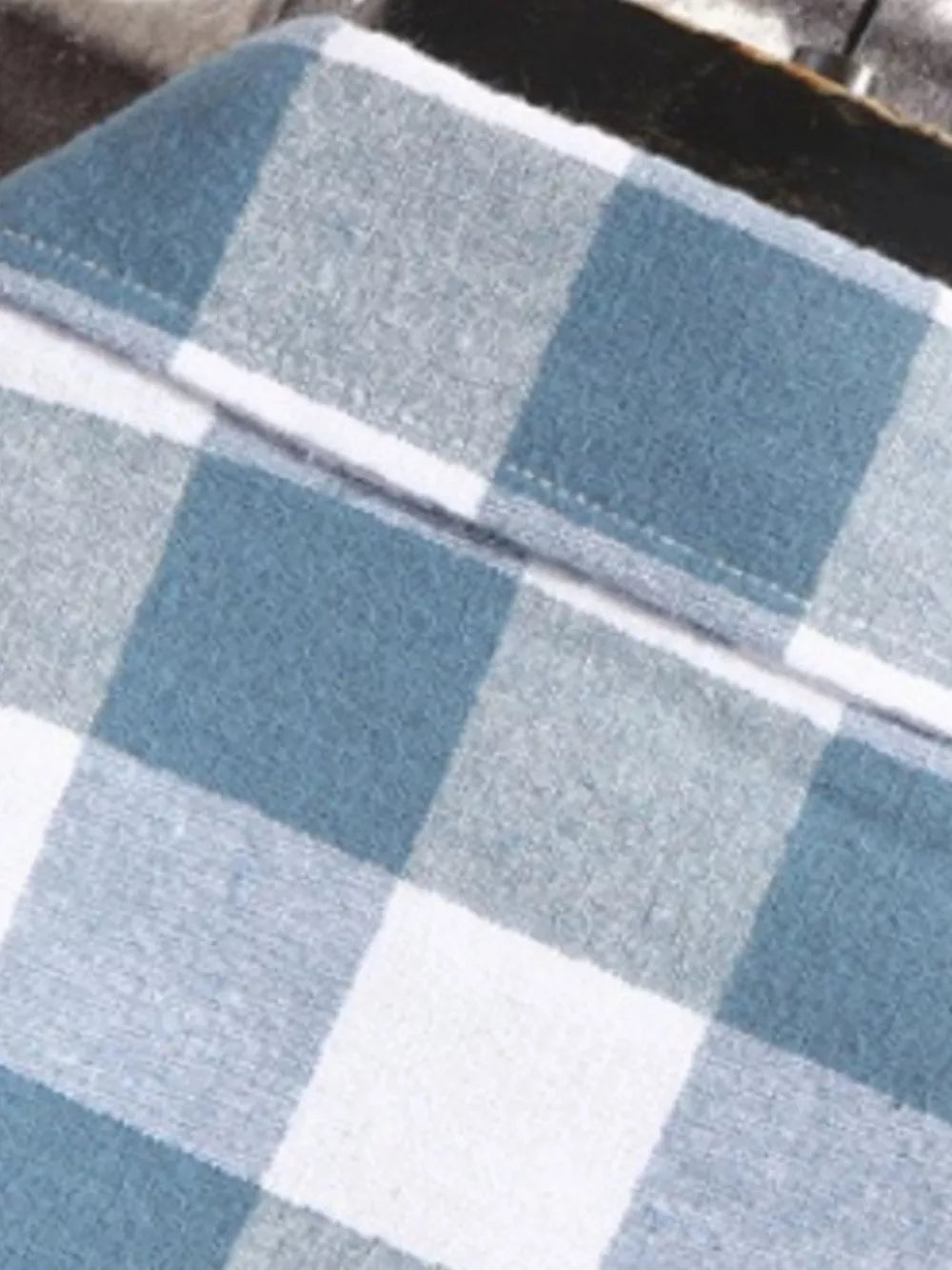 Blue and white plaid cotton short sleeve men's shirt detail