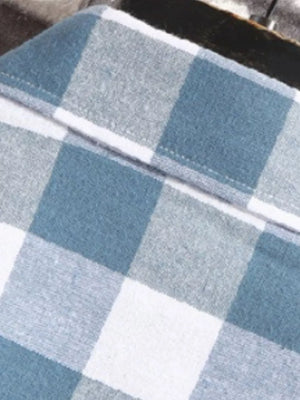 Blue and white plaid cotton short sleeve men's shirt detail