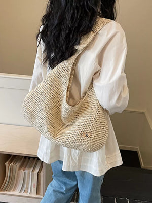 Woven Casual Beach Shoulder Bag in Ivory, fabric detail
