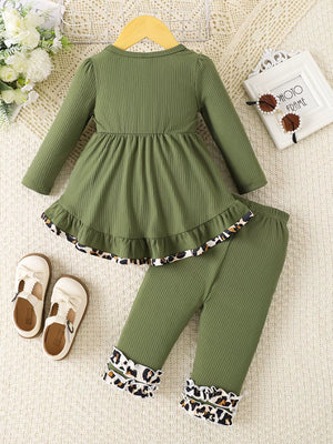 Olive green ribbed baby set with leopard print ruffle trim on hem and cuffs.