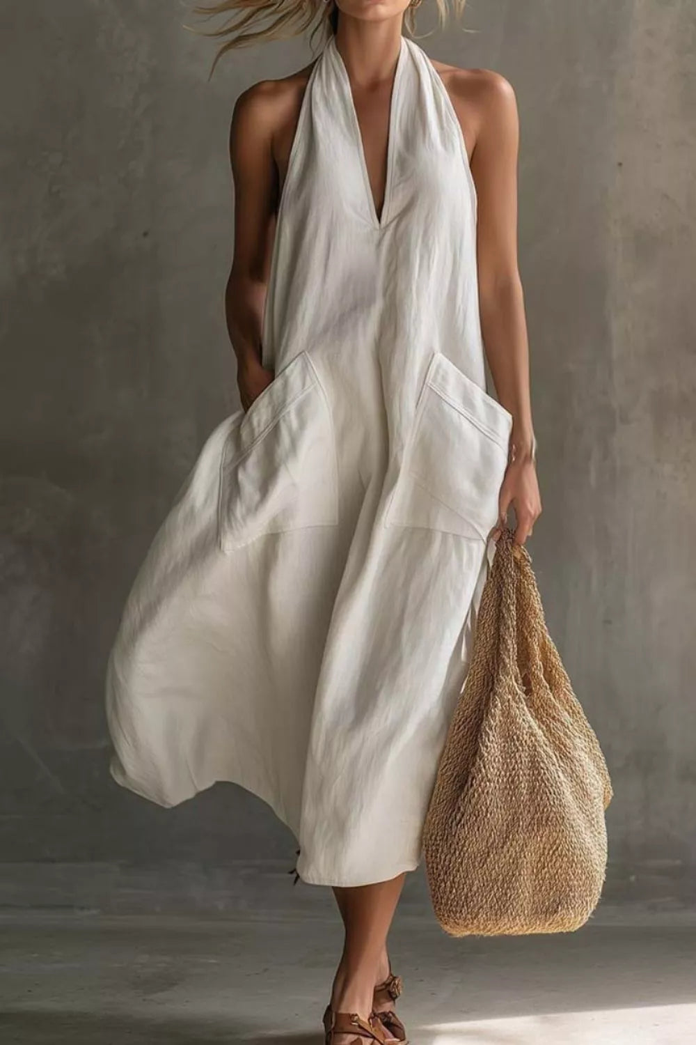 White halter midi dress with V-neck, pockets, and flowy skirt.