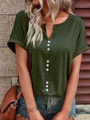 Green short sleeve t-shirt with V-neck and decorative buttons