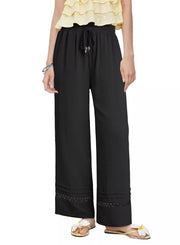 Black wide-leg maternity pants with drawstring and lace trim detail