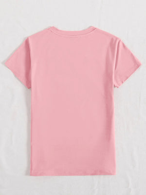 Blush pink crewneck t-shirt with short sleeves and a relaxed fit.