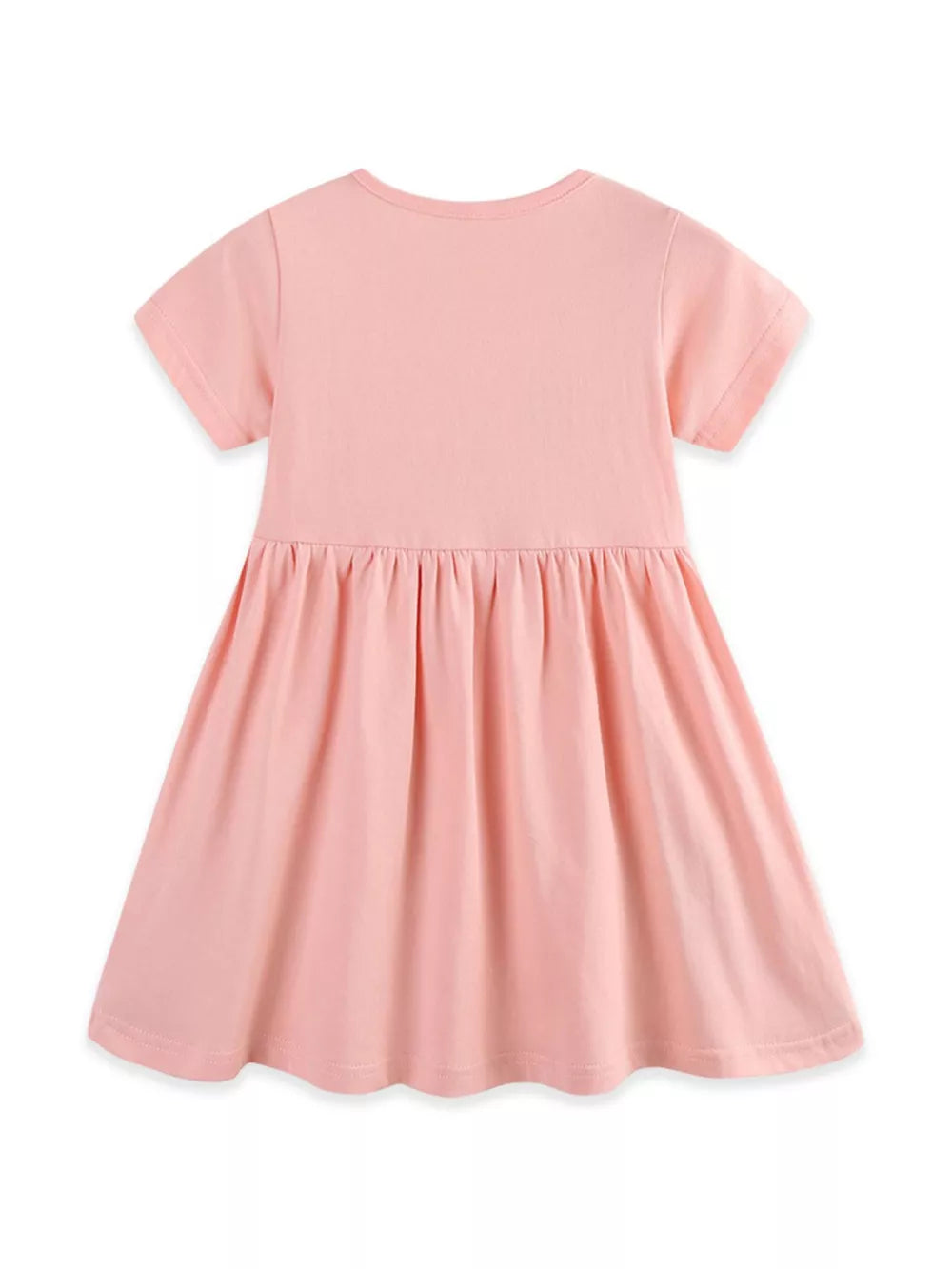 Pink cotton toddler dress with short sleeves, gathered waist, and appliqué detail.