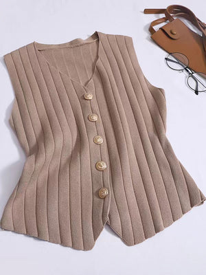 Taupe ribbed knit vest with gold button detail and V-neckline
