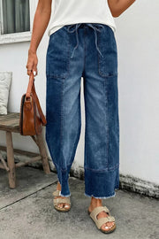Drawstring Raw Hem Wide Leg Denim Pants, alternate angle